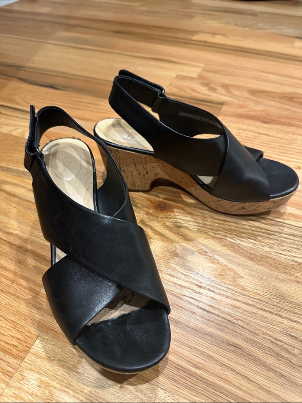 Clarks Black Leather Cork Wedge Sandals